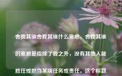 舍我其谁舍我其谁什么意思，舍我其谁的意思是指除了我之外，没有其他人能胜任或担当某项任务或责任。这个标题可以理解为表达一种自信、勇敢、担当的精神。