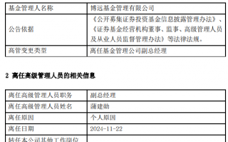 任职10个月 博远基金副总经理蒲建勋离任